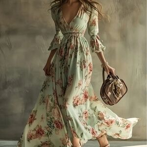 Beautiful Bohemian Floral Maxi Dress in Green and Pink